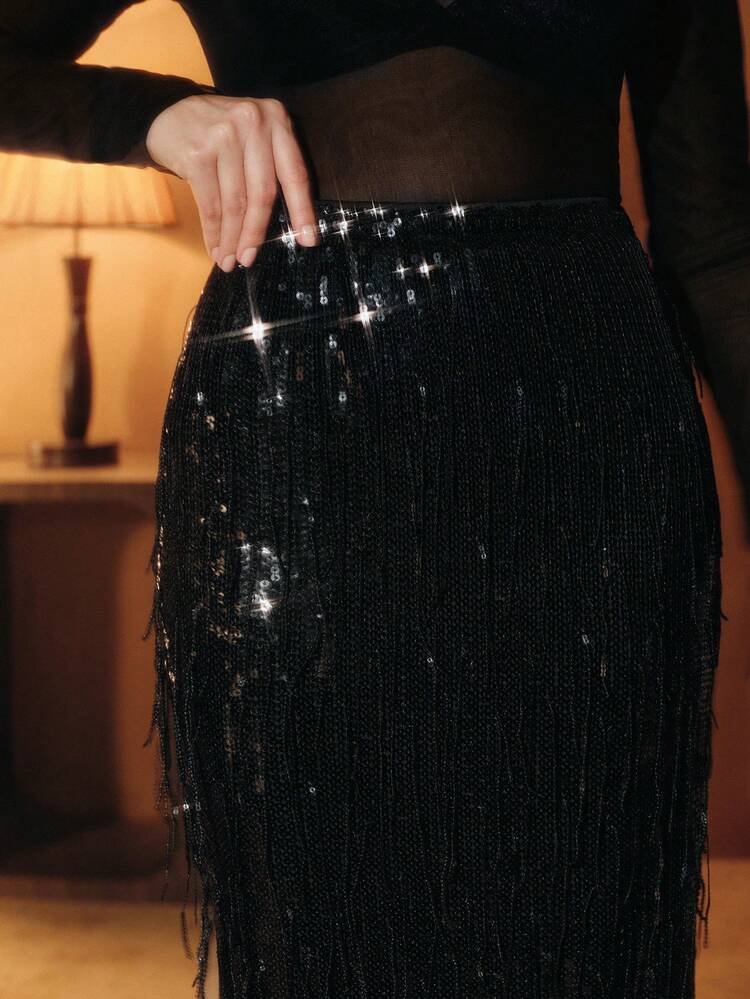 Women's Black Sequin Skirt With Fringe Design, High-End Party Skirt With Side Slit, Suitable For Fall, Winter, Spring, New Year, Party, Wedding, Chic, Stylish, Formal, Work, Thanksgiving, Graduation, Christmas, Festival