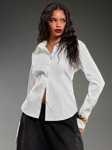 Normani Women's Casual Solid Color Drawstring Single-Breasted Shirt - White - View 6