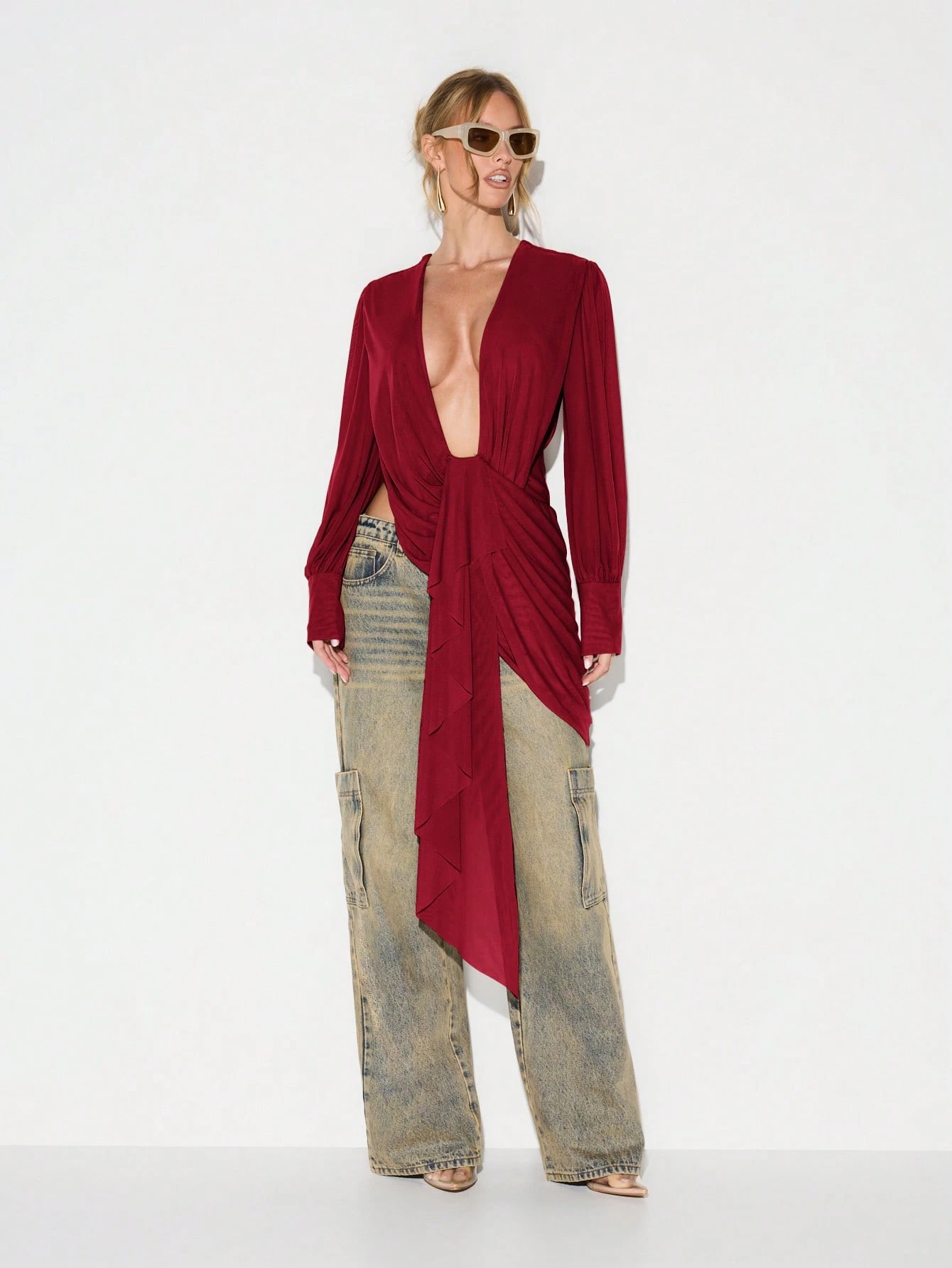 KIZN Deep V Neck Wrap Blouse With Draped Detail