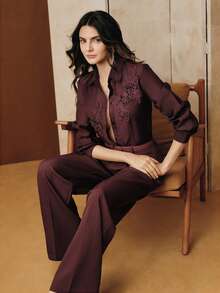 Anewsta Elegant Luxury Fashion Collared Single-Breasted Design Embroidered Beaded Loose Long Sleeve Women Blouse, Christmas Women's Clothing - Burgundy - View 2