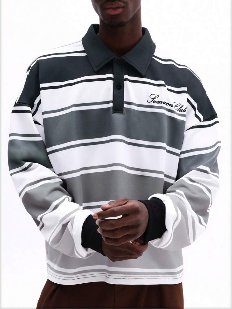 Striped Long Sleeve Polo With Print