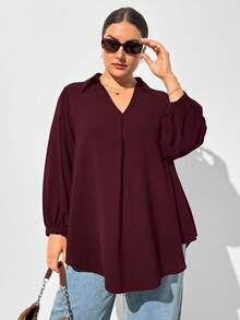 SHEIN Essnce Camisa de manga larga holgada y cómoda de cuello en V de color rojo púrpura para mujer talla grande, otoño e invierno, ropa de mujer, blusas de mujer, dinero viejo, casual de negocios, ropa de oficina para mujer, disfraces de mujer, blusas de mujer, regreso a casa, maestro, blusas de trabajo