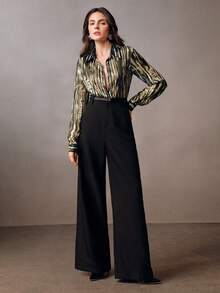 Anewsta Asymmetric Zebra Striped Metallic Chiffon Water Print Collared Long Sleeve Blouse - Multicolor - View 5