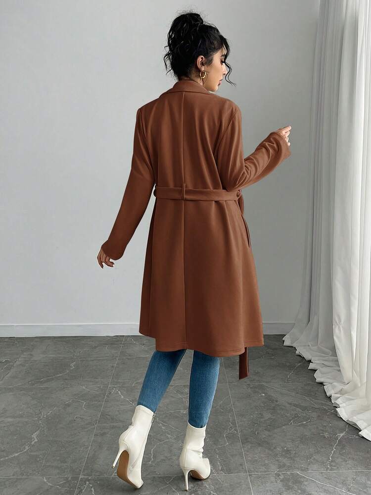 SHEIN PETITE 女士优雅纯色仿麂皮中长款常规夹克 - 鏽棕色 - 查看 2