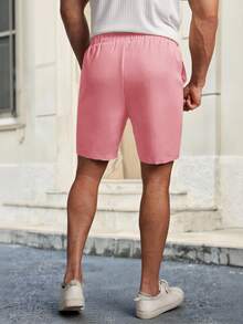 HIMLAND 男士纯色抽绳腰带口袋休闲梭织短裤宽松男士短裤夏季男士粉色短裤男士抽绳短裤男士休闲短裤粉色男士短裤 - 粉色 - 查看 3