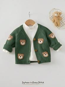 Cozy Pixies Baby Boy Cartoon Bear Pattern V-Neck Long Sleeve Sweater Cardigan Baby Cardigan Baby Bear Cardigan Baby Knit Cardigan Baby Sweater In Fall/Winter