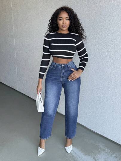 Alexandranx Jeans de talle alto con cremallera con ajuste de mamá, pantalones vaqueros casuales de mujer con botón, bolsillo, cremallera de talle alto, pierna recta, lavado oscuro con ajuste regular de mamá para uso casual diario en primavera/otoño