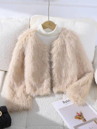 Girls Casual Faux Fur Jacket, Cute & Fashionable Style, White Fluffy Comfortable, Suitable For Spring, Summer, Autumn, Ideal For Outings, Shopping, Parties