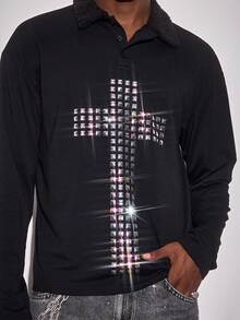 ROMWE MEN Goth Men's Cross Pattern Long Sleeve Casual Polo Shirt - Black - View 1