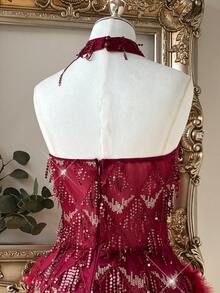 Lovelzi 優雅正式 1920 年代復古黑紅配色 珠飾刺繡 菱形羽毛裝飾露背雞尾酒禮服 排練晚餐舞會婚禮賓客夏季洋裝 - 酒紅色 - 查看 6