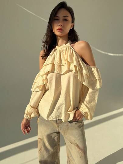 Aloruh Women's Solid Color Ruffle Trim Off Shoulder Long Sleeve Fashionable Blouse