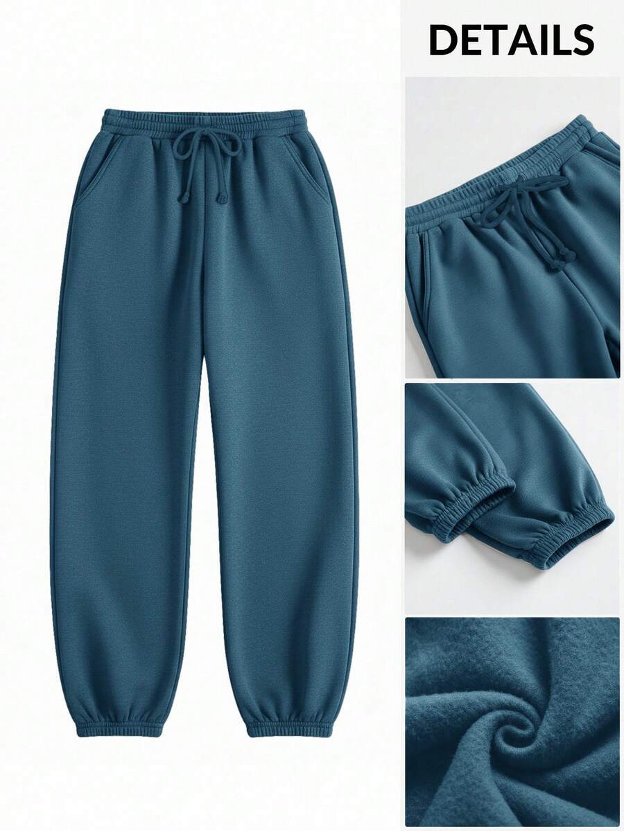 SHEIN BASICS Pantaloni casual e morbidi da donna in maglia con tasche e colore unito - Blu - Visualizzare 1