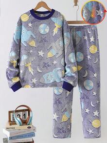 2件套男童夜光法兰绒印花圆领长袖睡衣套装