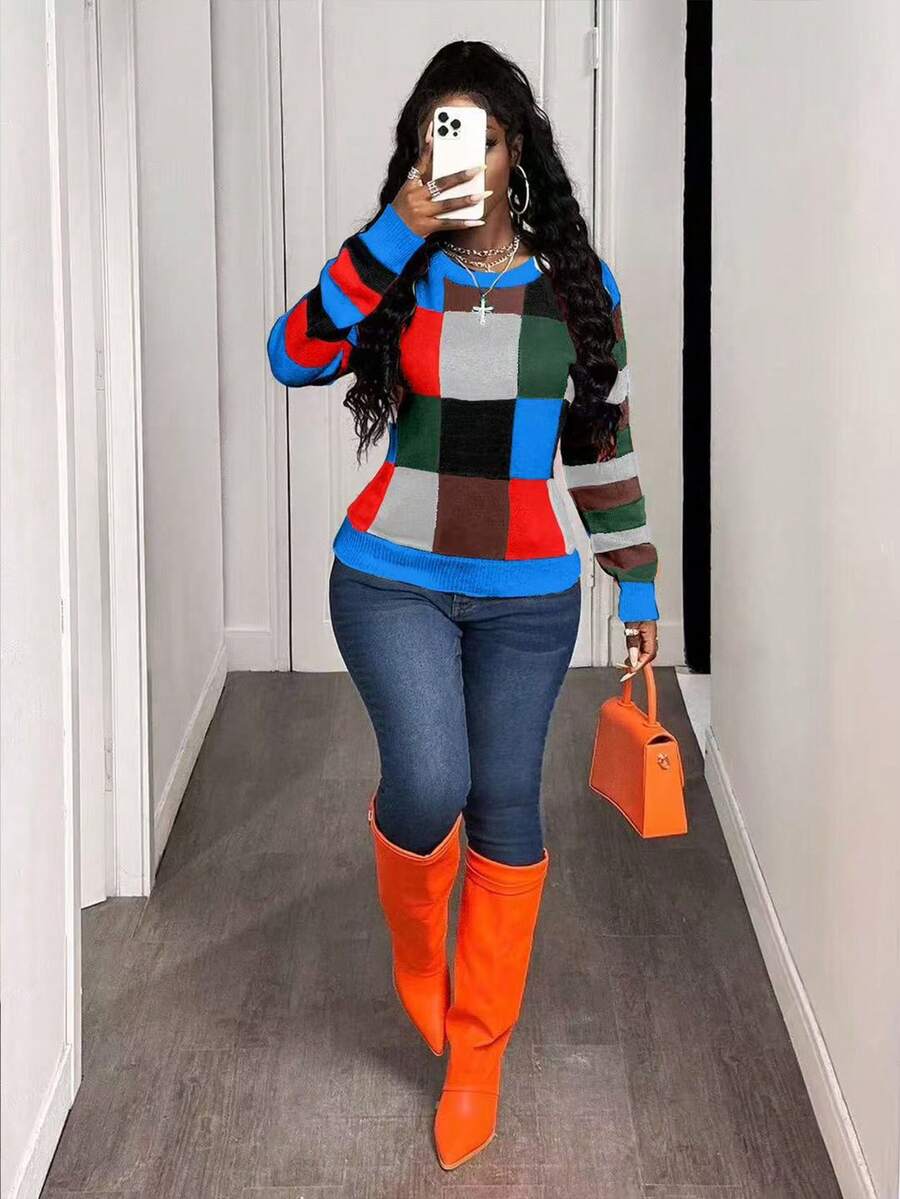 BamGleam 女士圆领长袖彩色格子条纹休闲针织衫，冬季女装 - 藍色 - 查看 1