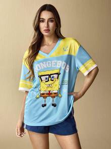 SpongeBob SquarePants | SHEIN 女士休闲撞色卡通图案V领短袖T恤，夏季 - 藍色 - 查看 3