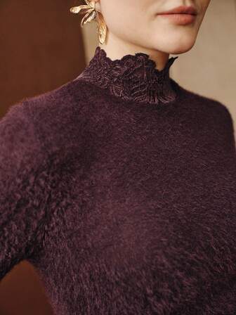 Anewsta Elegant Fashion Party New Year Christmas Lace Patchwork Brushed Women's Slim Fit Sexy Undershirt Top, Autumn/Winter