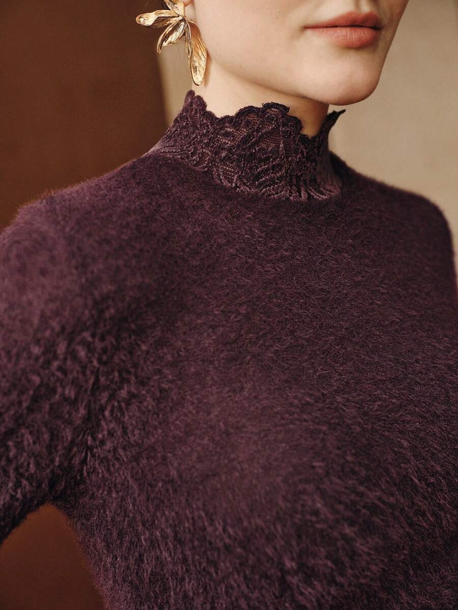 Anewsta Elegant Fashion Party New Year Christmas Lace Patchwork Brushed Women's Slim Fit Sexy Undershirt Top, Autumn/Winter - Purple - View 1