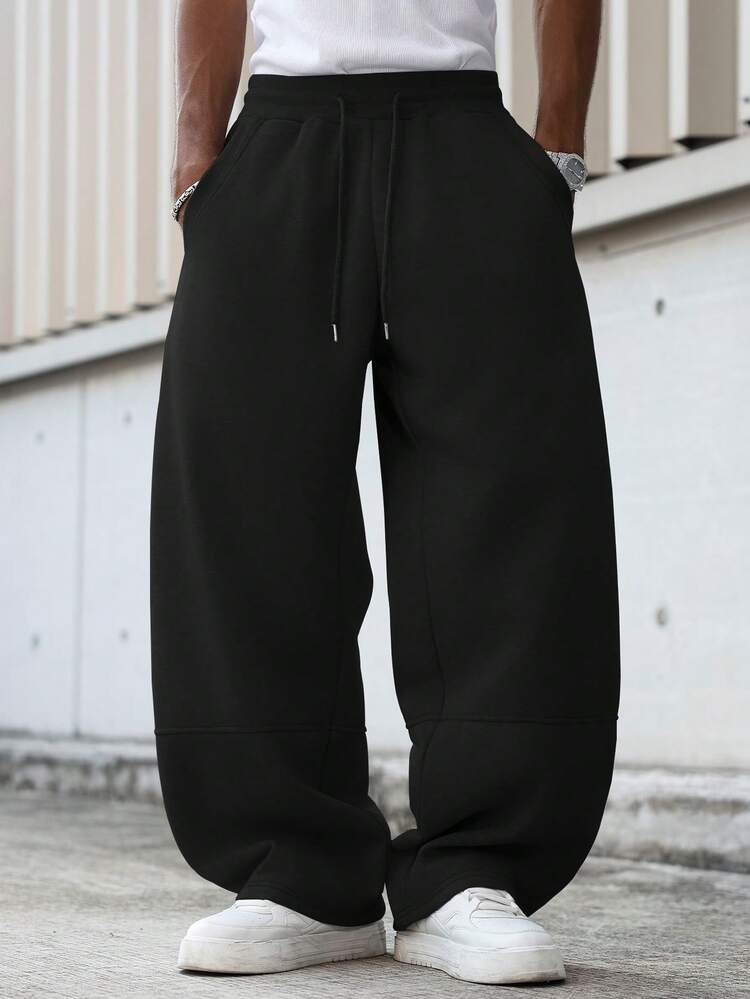 Manfinity Hypemode Pantalones de chándal casuales de unicolor con cordón en la cintura para hombres - Negro - Añade 3