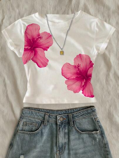 Glimmora 优雅度假风红色花卉印花女式修身短款T恤