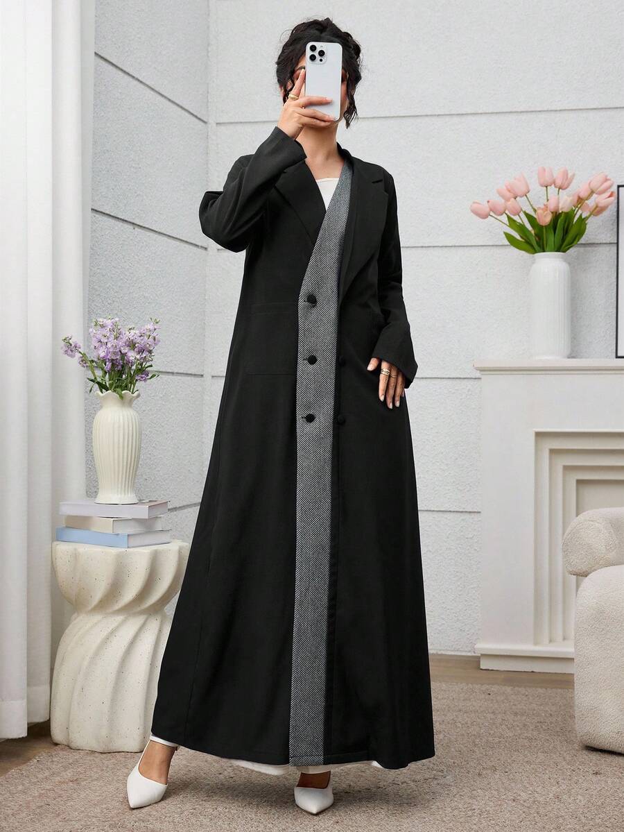 Yasmyna 女士格子拼接通勤时尚独特长袍 - 黑色 - 查看 1