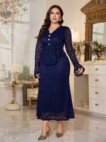 Modelyn Áo cánh tay loe cổ bẻ màu đen thanh lịch cổ điển dành cho người ngoại cỡ - Màu xanh lam - Xem 4