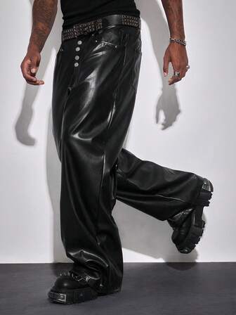 Street Life Men's Solid Color Fashion Straight Leg Rivet Decorated Belted Leather Pants