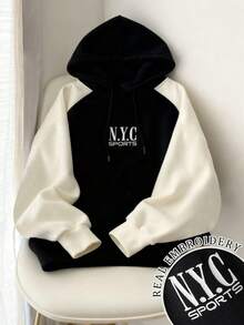 Resyla Sudadera casual con cordón, mangas raglán y bordado de letras para mujer - Blanco y Negro - Ver 1