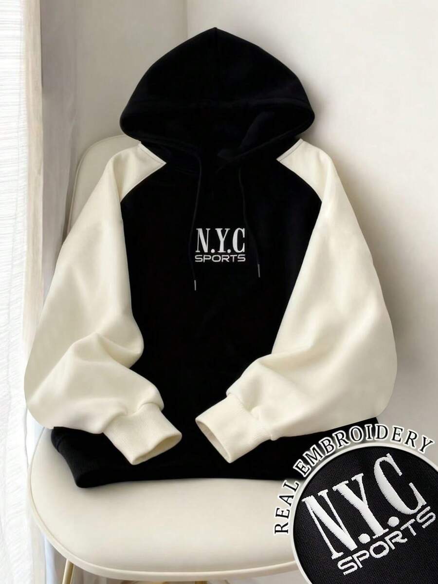 Resyla Sudadera casual con cordón, mangas raglán y bordado de letras para mujer - Blanco y Negro - Ver 1