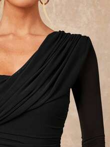 Lumalex 女士优雅性感酒红色不对称领交叉褶皱腰部开衩下摆长袖修身连衣裙，春夏款，女士优雅连衣裙，黑色连衣裙 - 黑色 - 查看 4