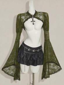 SHEIN ICON Women's Gothic Lace Bell Sleeve Long Hem Halloween Costume T-Shirt - Army Green - View 1