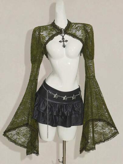 SHEIN ICON Women's Gothic Lace Bell Sleeve Long Hem Halloween Costume T-Shirt