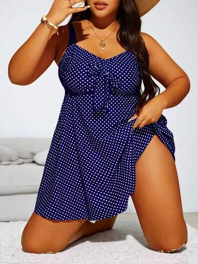 Swim Lushoire Plus Size Women 2pcs Polka Dot Print Spaghetti Strap Tie Waist A-Line Split Swimsuit Set, Fashionable And Casual For Vacation For Summer