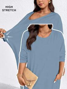 EMERY ROSE Plus Size Casual Solid Color Double Pocket T-Shirt, Versatile For Autumn - Blue - View 6
