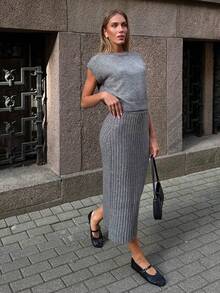 SHEIN PariChic 女士纯色针织套装，时尚高端，秋冬 - 灰色 - 查看 6