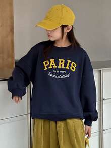 DAZY Tween Girls Crew Neck Knit Fleece Sweatshirt With Embroidered Letter - Navy Blue - View 6