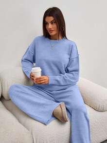 EURMUSE Women Round Neck Rib Knitted Sweater And Sweater Pant 2pcs Sets Co-Ord - Baby Blue - View 7