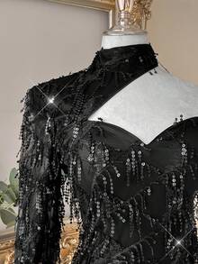 Lovelzi Elegant Black Sequin Tassel Fabric Long Sleeve Strapless Dress, Fashionable Dress For Wedding,Graduation Season,Cocktail Party&Vacation - Black - View 3