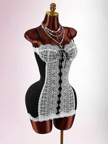 Amplova Váy ôm sát bodycon cổ thấp thiết kế ren đen trắng theo phong cách Boho lãng mạn dành cho nữ - Nhiều màu - Xem 4