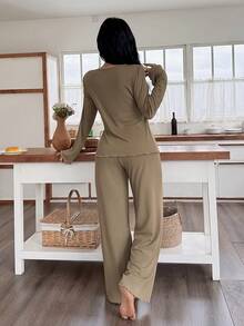SHEIN Women's Solid Color Casual Frill Trim V-Neck Long Sleeve Top & Pants Lounge Set, Winter Clothes - Coffee Brown - View 2