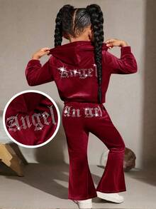 SHEIN Fashionable And Cute Baby Girl 2Pcs Sets Rhinestone Letter Pattern Velvet Hoodie & Flare Pants ,Sweatpants, Outfits,Cute & Casual & Vintage,Great For Casual & Daily Wear & School Daily In Summer & Autumn,For Christmas Baby Set Autumn Winter Season Girls Winter Outfit Sets Girls Clothes Sets Toddler Girl Two Piece Outfit Baby Girl Winter Sets - Burgundy - View 2