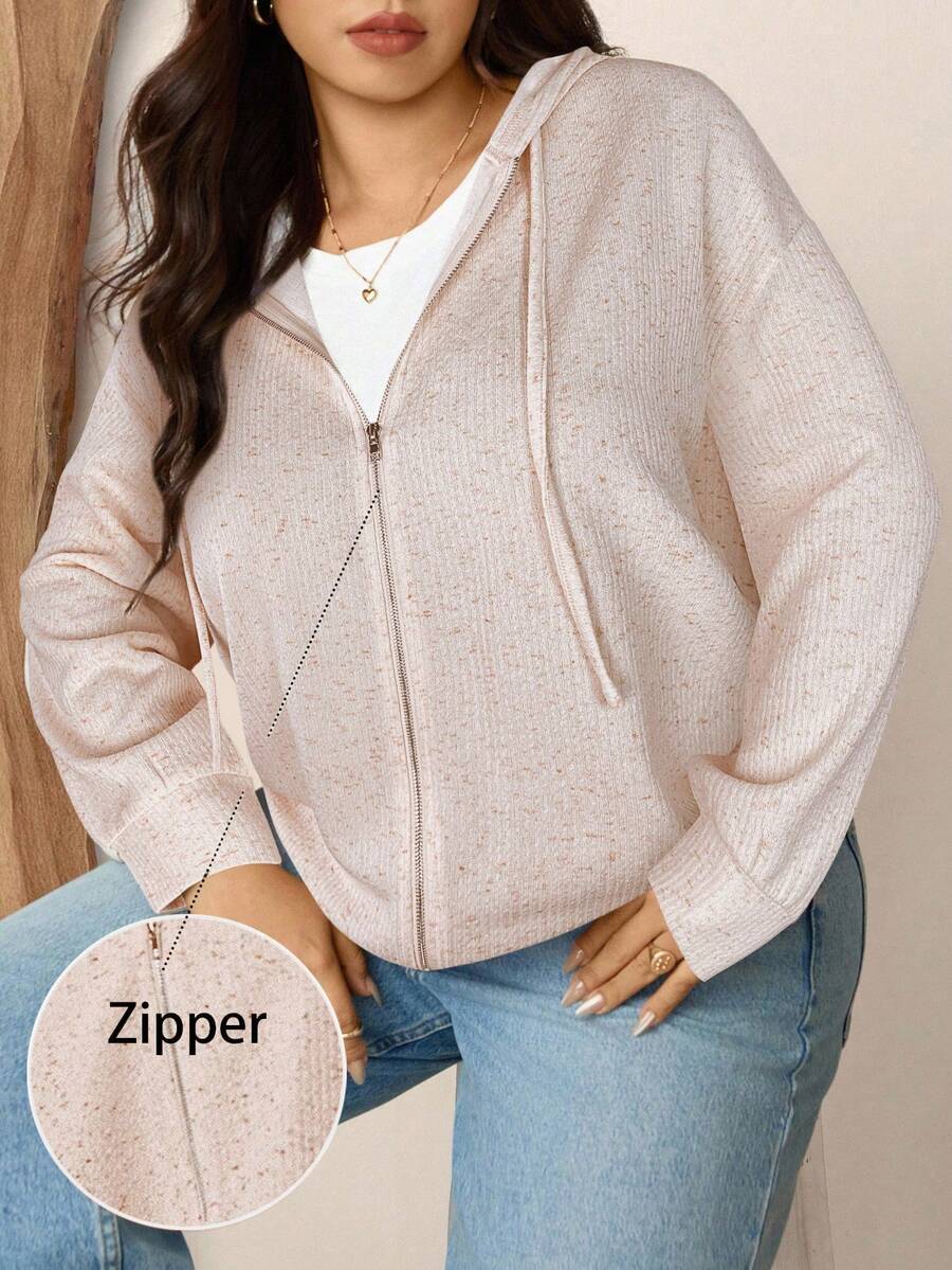 Zelara Moletom com Zíper de Manga Longa com Ombros Caídos Plus Size, Moletom Casual Solto Versátil com Zíper, Suéter com Zíper Plus Size para Mulheres - Laranja - Visão 1