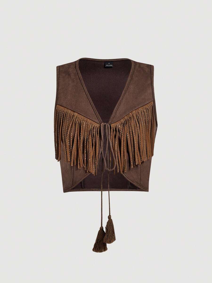 SHEIN MOD 女士波西米亚风70年代流苏无袖外套，秋季外套上衣，女士秋季夹克，西部夹克，牛仔夹克 - 咖啡棕 - 查看 1