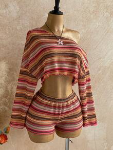 Soleia Holiday 2pcs Women Striped Asymmetrical Shoulder Long Sleeve Top And Shorts Set