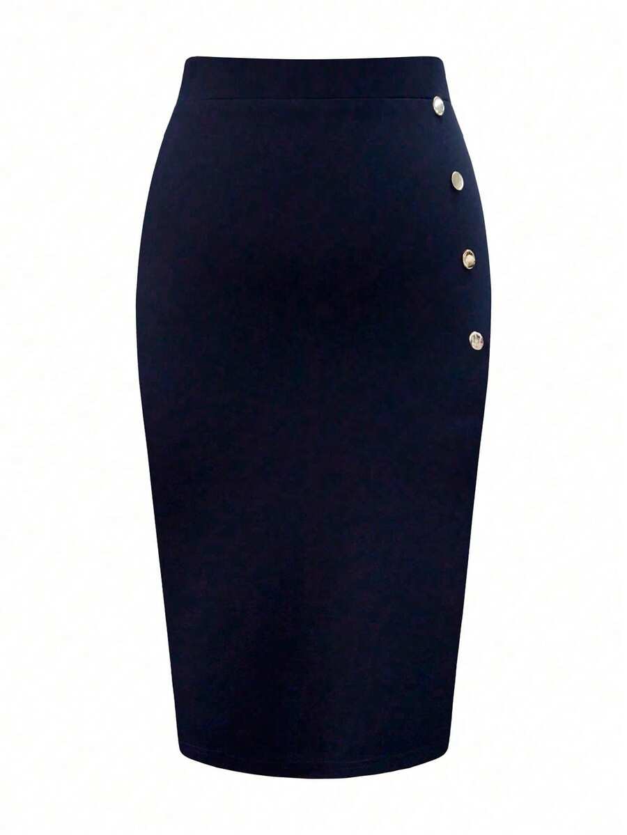 SHEIN Unity Plus Size Women Solid Color Side Button Design Elegant Pencil Skirt - Navy Blue - View 1