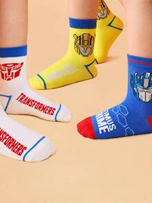 Transformers X SHEIN 3 Pairs Autobots Boys Cotton Soft & Breathable Moisture-Wicking Kids Mid-Calf Socks Blue&Yellow&White Cute Hero Cartoon Crew Socks Reinforced Toe & Heel For Durability All Seasons All-Match School & Outdoor Summer Winter,Gift Ideas - 彩色 - 查看 2