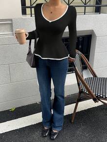 Sunnyshic Sexy Fitted Fashionable Women Contrast Trim V-Neck Casual Long Sleeve Pullover Sweater Top - Black and White - View 7