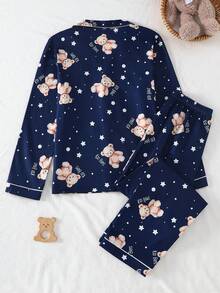 Teenage Boys' Bear Print Long Sleeve Cardigan & Pants Pajama Set Teddy Bear Pajama Set Teen Boys Pajamas-Pajama Set Button Down Collar Long Sleeve Long Pants Teddy Bear Star Print Navy Four Season 2026 New Year Essential Versatile And Comfortable Warm And Cute Style - Multicolor - View 2