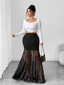 Elenzga Plus Size Women Elegant Knitted Elastic Lace Patchwork Black Mermaid Hem Midi Skirt, Suitable For Back To School, Graduation, Holidays, Valentine's Day, Music Festivals, Mother's Day, Halloween, Thanksgiving, Easter, National Day, Dances, Dates, Parties, Weddings, Outdoor Trips - Black - View 1