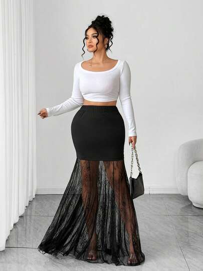 Elenzga Plus Size Women Elegant Knitted Elastic Lace Patchwork Black Mermaid Hem Midi Skirt, Suitable For Back To School, Graduation, Holidays, Valentine's Day, Music Festivals, Mother's Day, Halloween, Thanksgiving, Easter, National Day, Dances, Dates, Parties, Weddings, Outdoor Trips