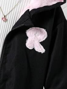 SHEIN 女童纯色拉链外套，保暖内衬，刺绣设计，舒适百搭，秋冬季 - 淺粉色 - 查看 7